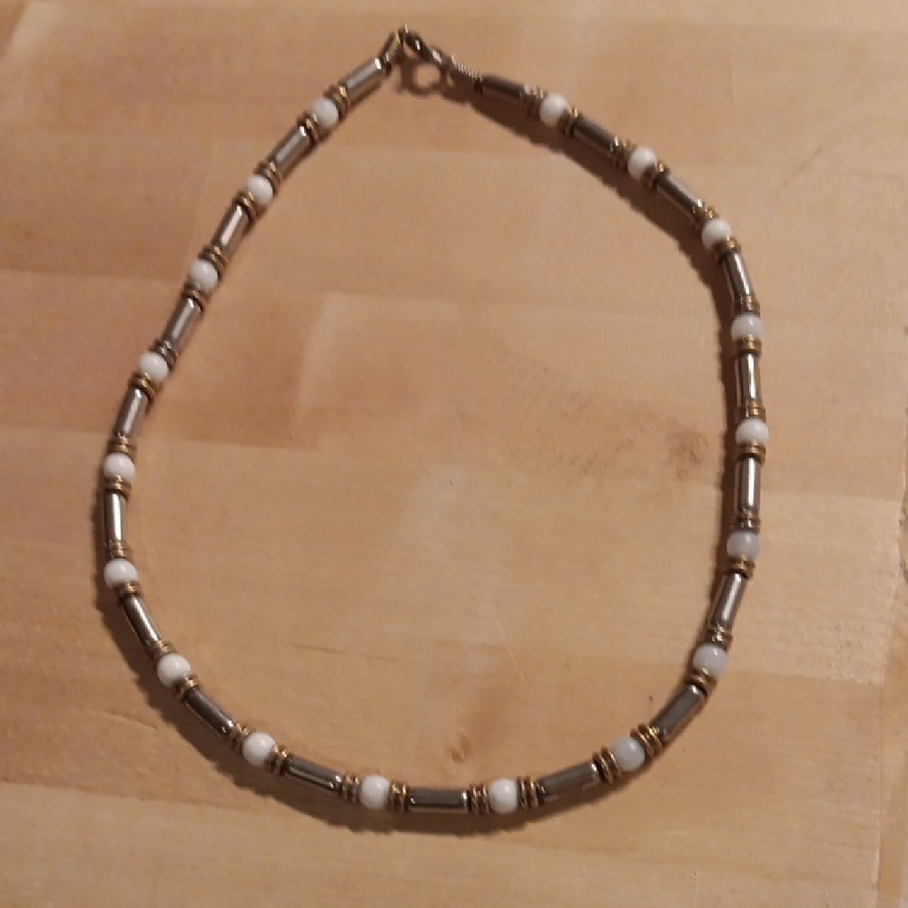 Gold and Silver Beaded Necklace with Cylindrical Design